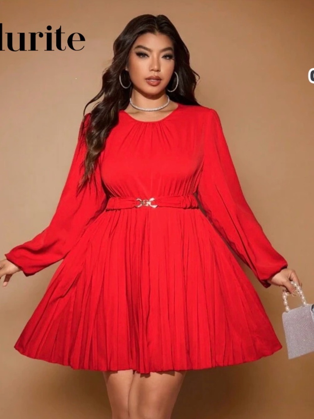 Red Pleated Long-Sleeve Belted Dress -